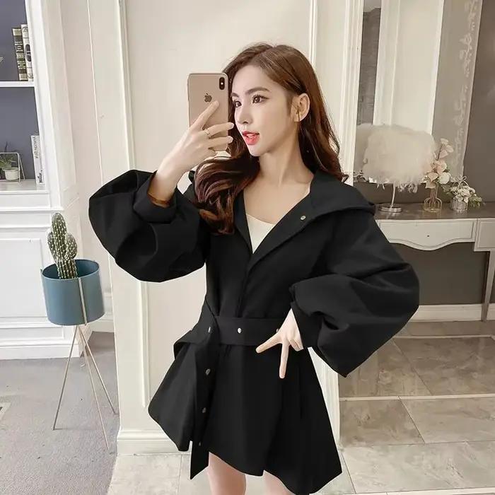 Trench-Coat à capuche pour femmes, manches lanternes, haut de gamme, décontracté, ceinture britannique, coupe-vent, vêtements d'extérieur pour dames, nouvelle collection automne 2026