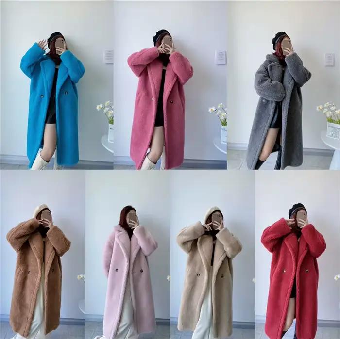Veste d'hiver femmes manteau Long laine tissé tissu épais vêtements d'extérieur chauds surdimensionné mode Streetwear ours en peluche manteaux