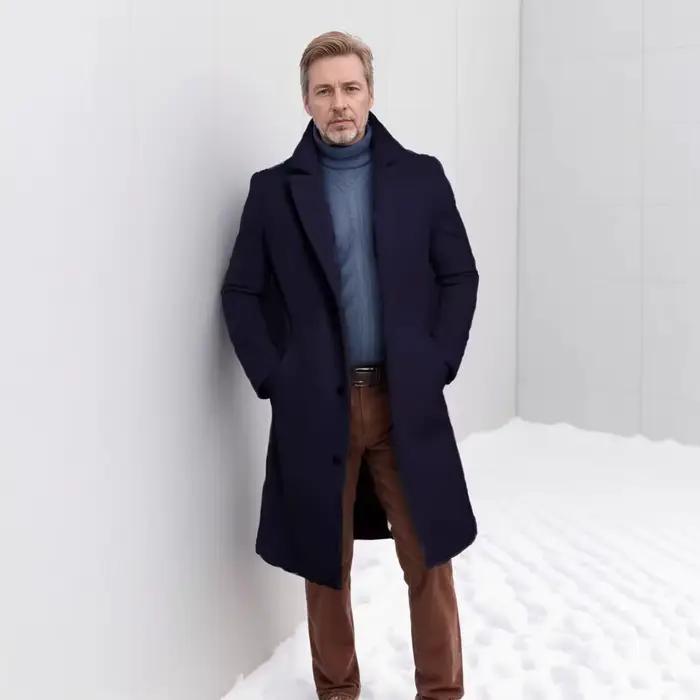 Manteau en laine mi-long style anglais élégant pour hommes automne hiver avec boutonnage simple et poches pratiques pour toutes occasions