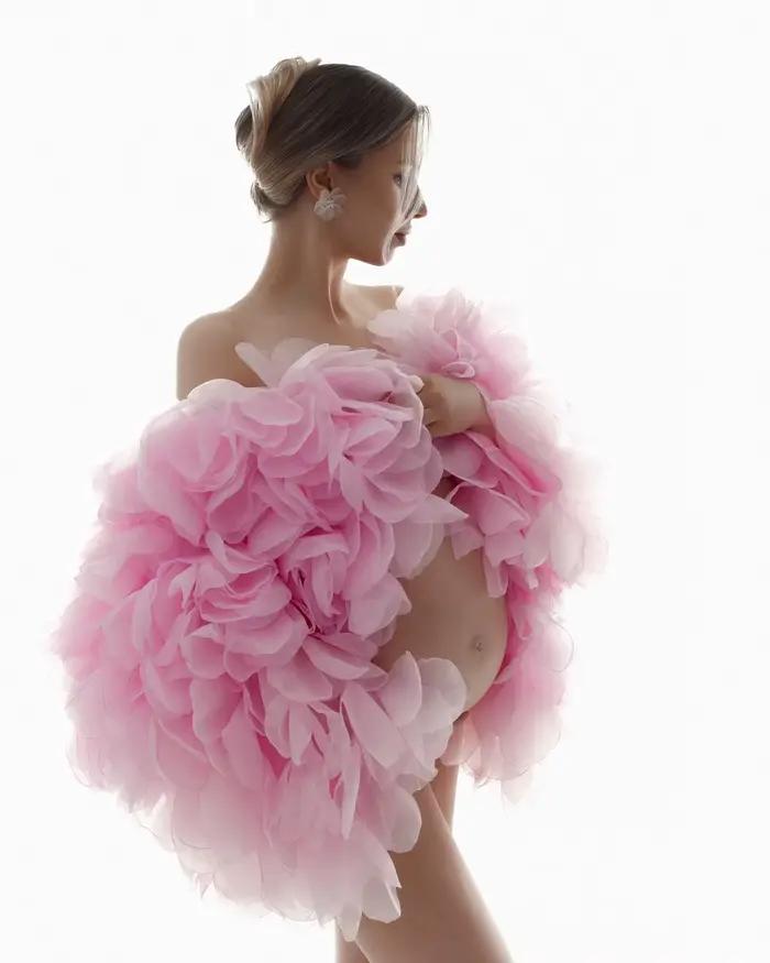 Veste Couture Pink Flower en microfibre et coton avec fleurs à nouer pour femmes, polyvalente et élégante pour les occasions formelles et quotidiennes