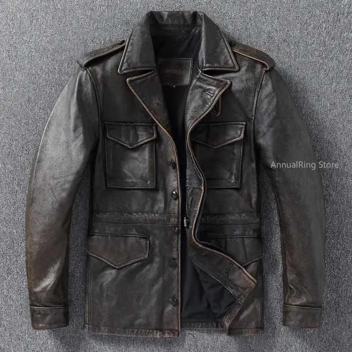 Manteau Trench Classique M43 en Cuir de Vachette Véritable, Veste Militaire en Cuir Longue et Moyenne, Multi-poches, Veste en Cuir Vintage pour Hommes