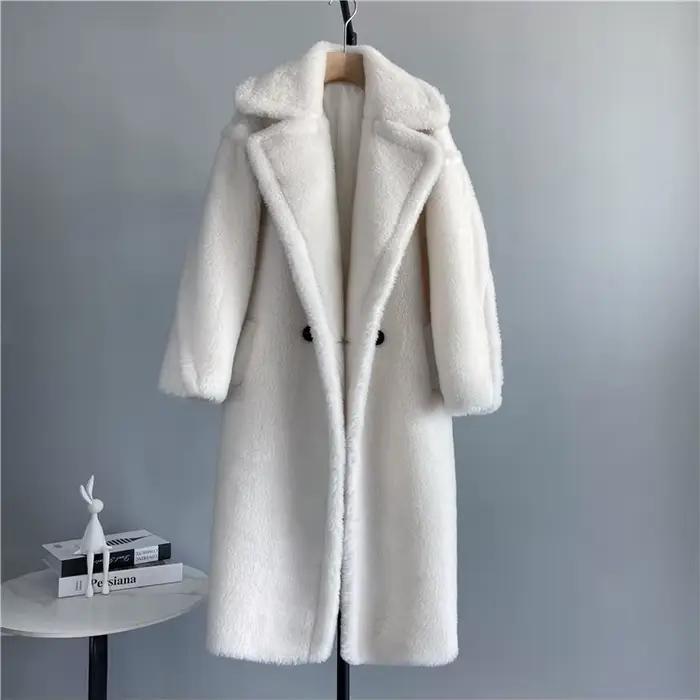 Veste d'hiver femmes manteau Long laine tissé tissu épais vêtements d'extérieur chauds surdimensionné mode Streetwear ours en peluche manteaux