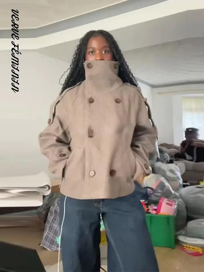 Veste bombardier d'hiver à col montant pour femme, pardessus en laine à Double boutonnage, manteaux de poche à épaulettes, vêtements d'extérieur chics pour dames, automne 2025
