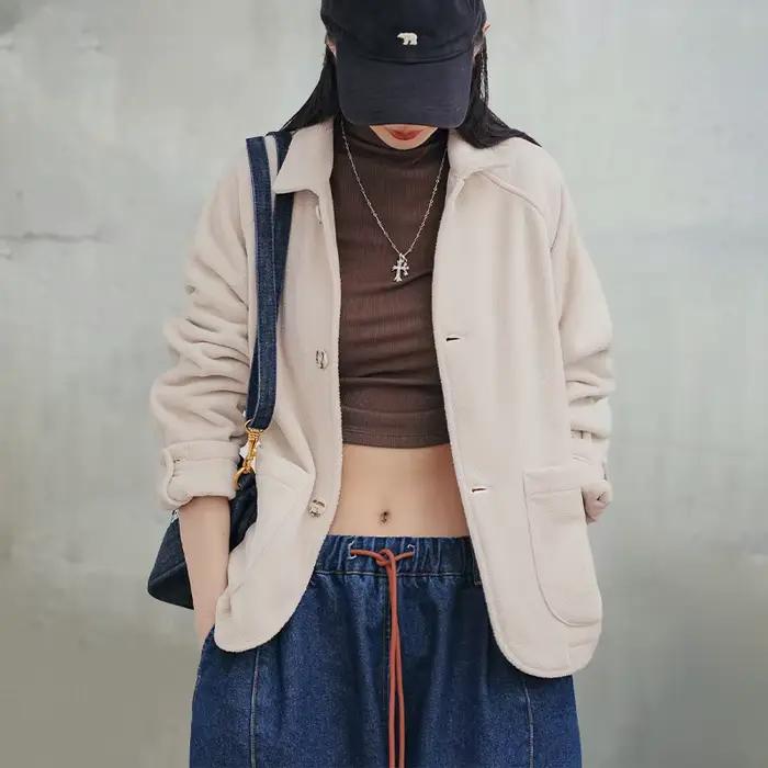 Maden femmes polaire revers veste chaude 290gsm simple boutonnage couleur unie décontracté hauts manteau pour automne hiver vêtements d'extérieur