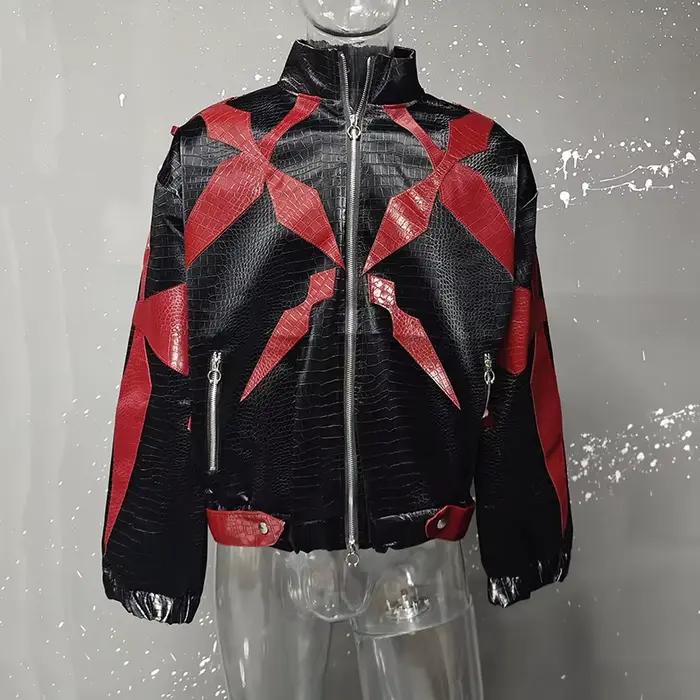 PFHQ hommes veste en cuir PU 2025 fermeture éclair col montant contraste couleur corée mode Darkwear mâle hauts décontracté 21E2807