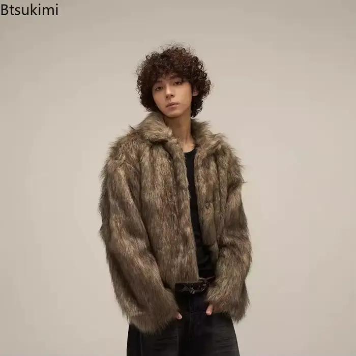 Manteau d'hiver en fausse fourrure pour hommes, veste en fourrure Hip-Hop à col rabattu, personnalité de styliste, manteaux d'extérieur en fourrure moelleuse, 2026
