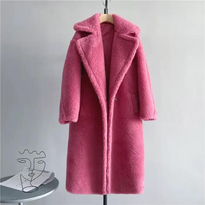 Veste d'hiver femmes manteau Long laine tissé tissu épais vêtements d'extérieur chauds surdimensionné mode Streetwear ours en peluche manteaux
