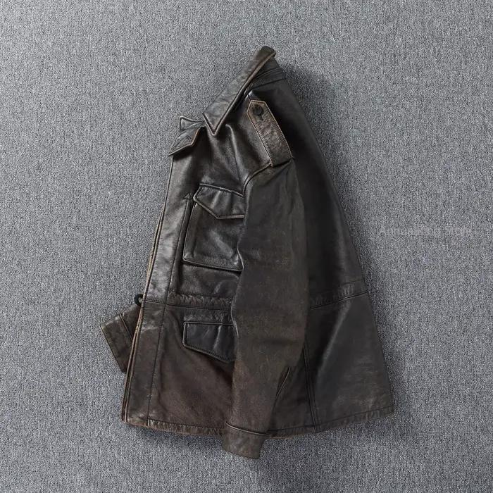 Manteau Trench Classique M43 en Cuir de Vachette Véritable, Veste Militaire en Cuir Longue et Moyenne, Multi-poches, Veste en Cuir Vintage pour Hommes