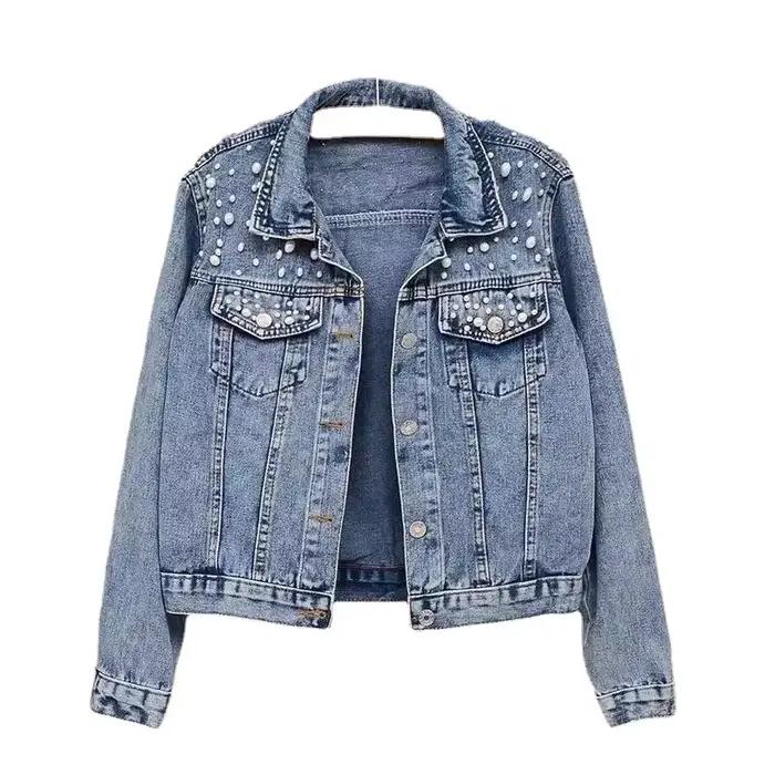 Veste en jean bleu et noir pour femme, manteau en denim, col rabattu, simple boutonnage, perles perlées, ample, décontractée, courte régulière
