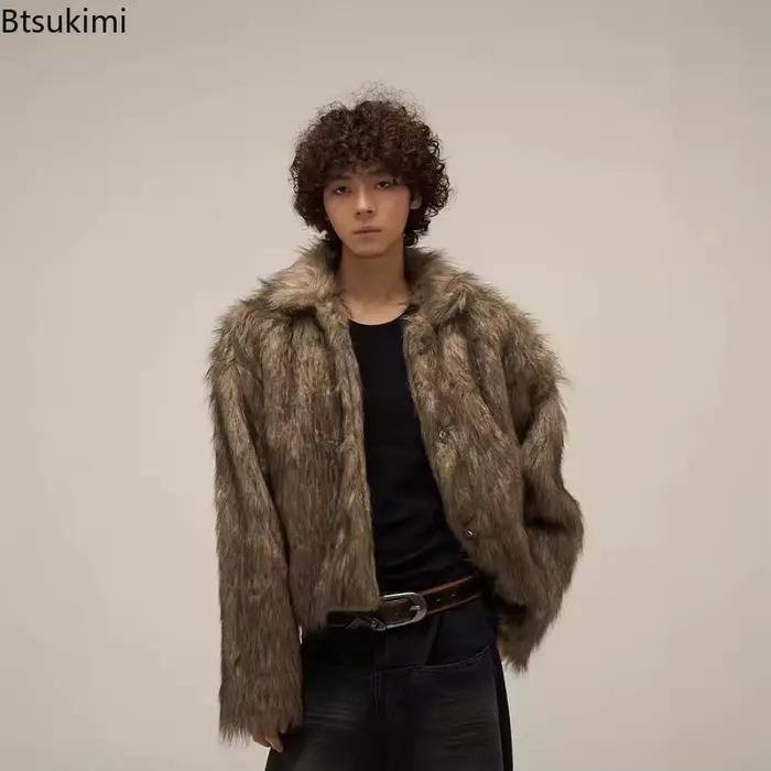 Manteau d'hiver en fausse fourrure pour hommes, veste en fourrure Hip-Hop à col rabattu, personnalité de styliste, manteaux d'extérieur en fourrure moelleuse, 2026