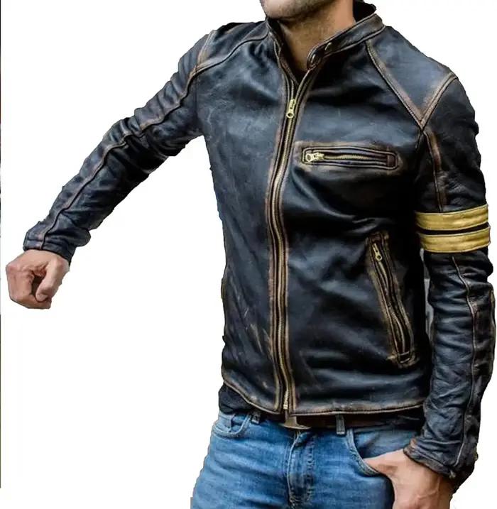 Veste de motard en cuir noir pour hommes