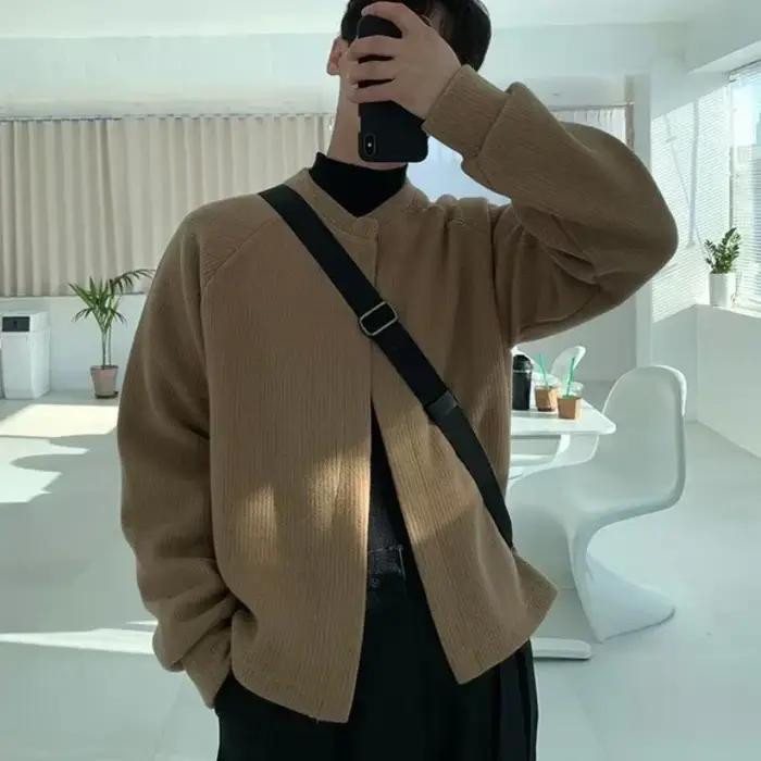 Pullover-Cardigan Court à Col Rond pour Homme, Vêtement Ras du Cou, Couleur Unie, Couleur Unie