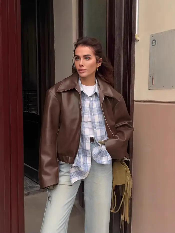 Veste d'extérieur courte en Faux cuir pour femme