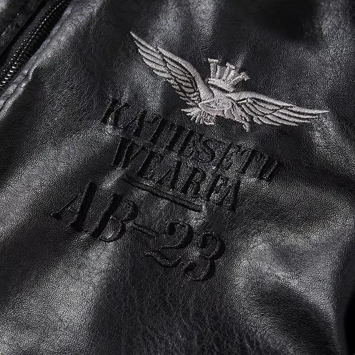 Veste en cuir brodé pour homme, style moto et aviateur, doublure en laine, col rabattu, fermeture éclair, polyvalente pour automne et hiver