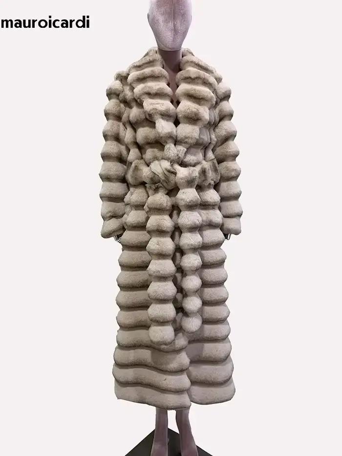 Mauroicardi hiver Extra Long coloré épais chaud rayé moelleux Faux Chinchilla manteau de fourrure femmes élégant luxe vêtements de créateur