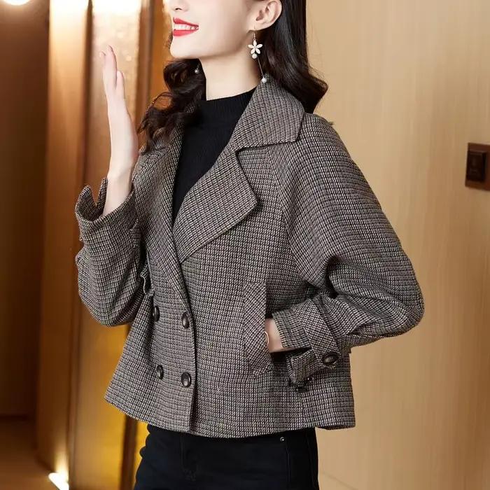 Veste à carreaux RankSweet pour femmes, style coréen, matériau coton-polyester-acétate, tendance vintage, automne-hiver, col en V, fermeture boutonnée, vestes courtes pour femmes