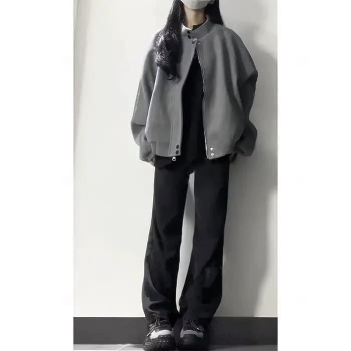 Veste Vintage grise haut de gamme en daim texturé avec col montant pour femmes, nouvelle veste bombardier polyvalente de printemps et d'automne