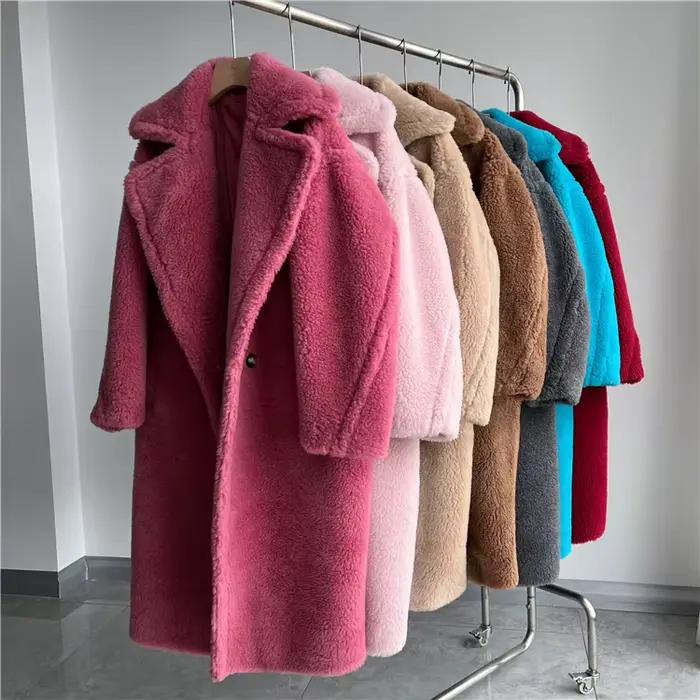 Veste d'hiver femmes manteau Long laine tissé tissu épais vêtements d'extérieur chauds surdimensionné mode Streetwear ours en peluche manteaux