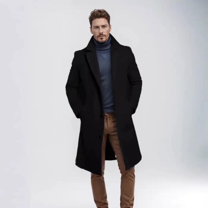 Manteau en laine mi-long style anglais élégant pour hommes automne hiver avec boutonnage simple et poches pratiques pour toutes occasions