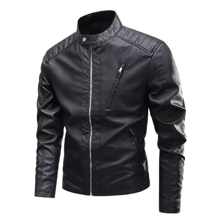 Veste en cuir synthétique pour hommes décontractée et tendance, coupe ajustée, style moderne, col rabattu, polyester doublure, fermeture éclair, pour les jours de pluie, balades en ville et motos, offerte pour les occasions spéciales