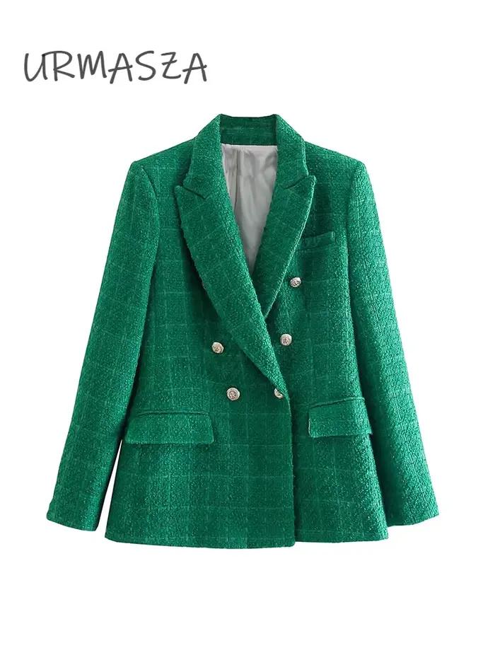Blazer à carreaux en tweed à double boutonnage pour femme, veste femme, manteau vintage, manches longues, poches, automne, mode, chic, 2021