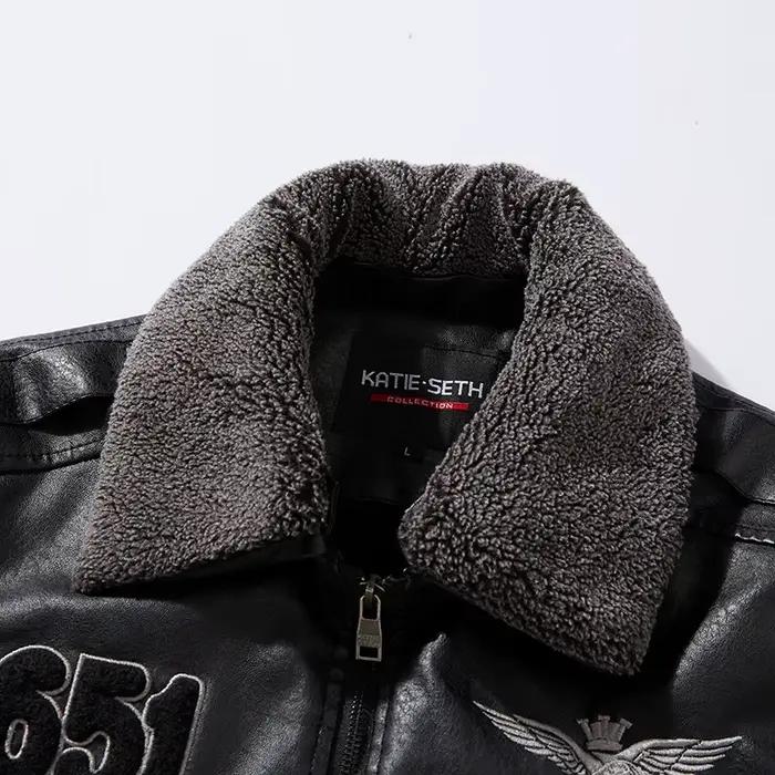 Veste en cuir brodé pour homme, style moto et aviateur, doublure en laine, col rabattu, fermeture éclair, polyvalente pour automne et hiver