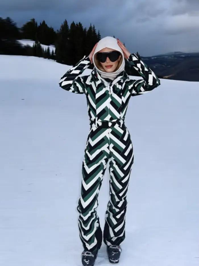 Combinaison de ski Lovely Ran vert rayé noir et blanc pour femmes, pantalon chaud, veste épaisse, occassions hiver et sports d'hiver