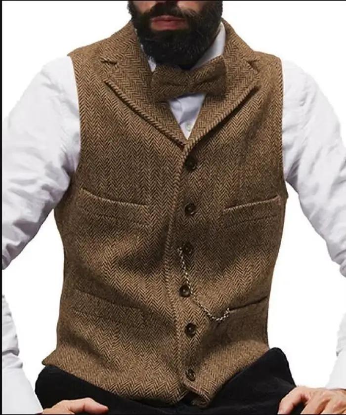 Manteau à chevrons en laine à col en V à revers pour hommes