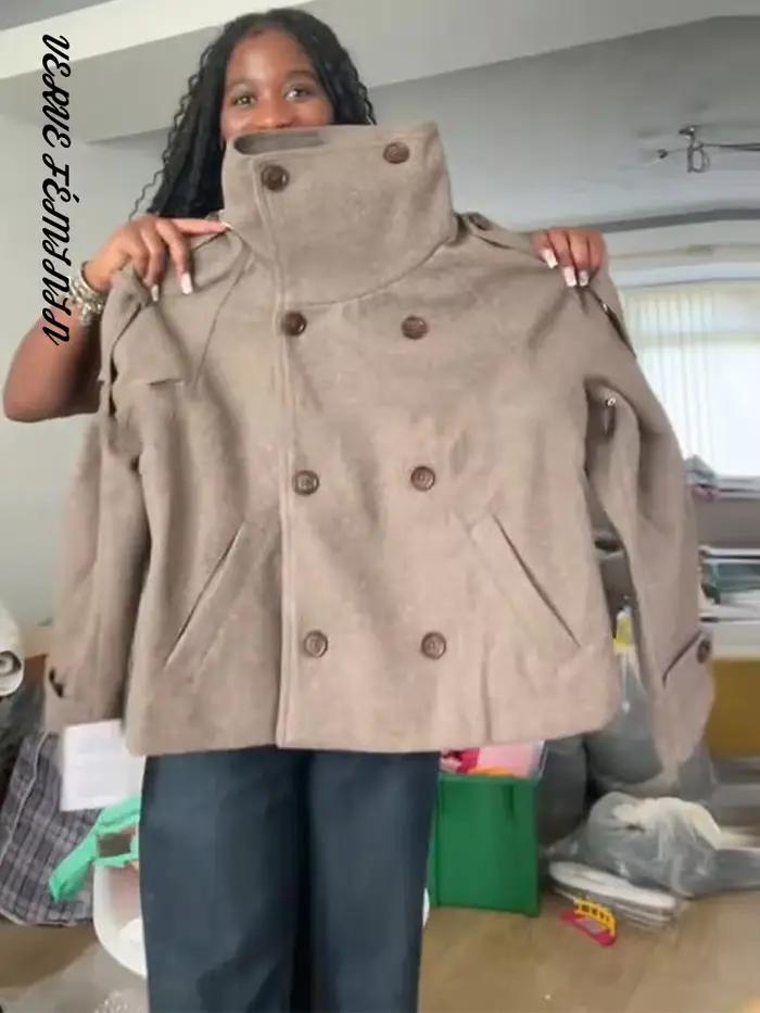 Veste bombardier d'hiver à col montant pour femme, pardessus en laine à Double boutonnage, manteaux de poche à épaulettes, vêtements d'extérieur chics pour dames, automne 2025
