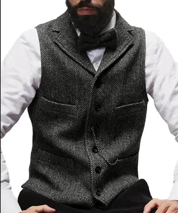Manteau à chevrons en laine à col en V à revers pour hommes