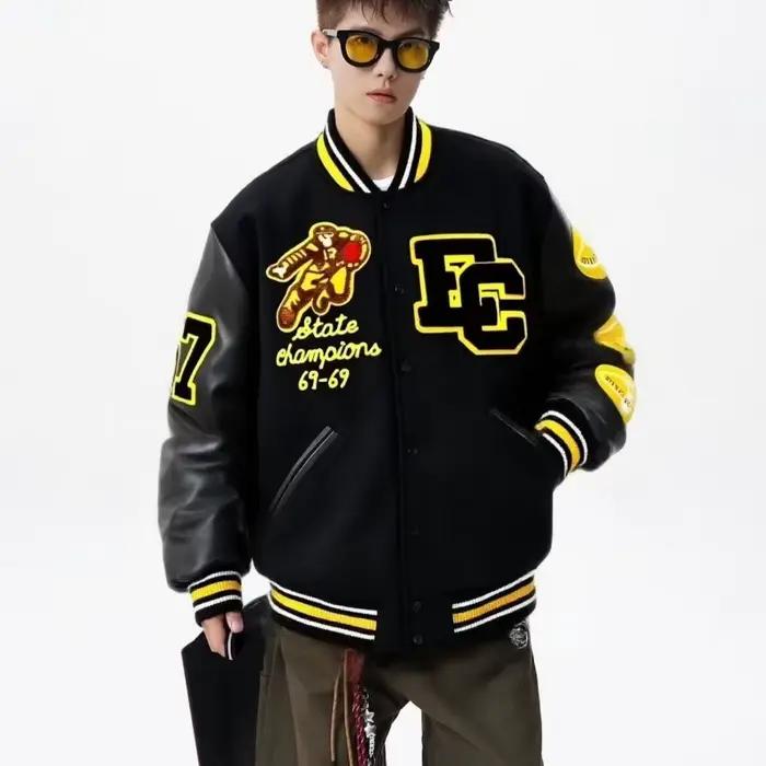 Vestes de Baseball brodées pour hommes, manches épissées en cuir PU, vestes de Baseball universitaire, Streetwear, vêtements de printemps et d'automne pour hommes
