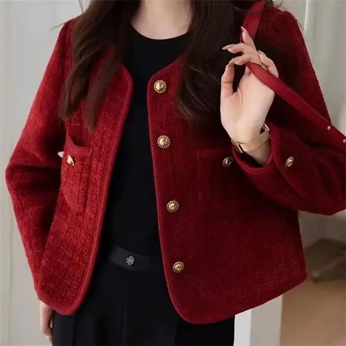 Veste courte en tweed rouge pour femme