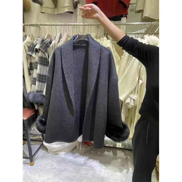 Manteau court en laine double face pour femme, élégant, avec fourrure de renard amovible, style navette, épaisseur moyenne, col polo, manches longues