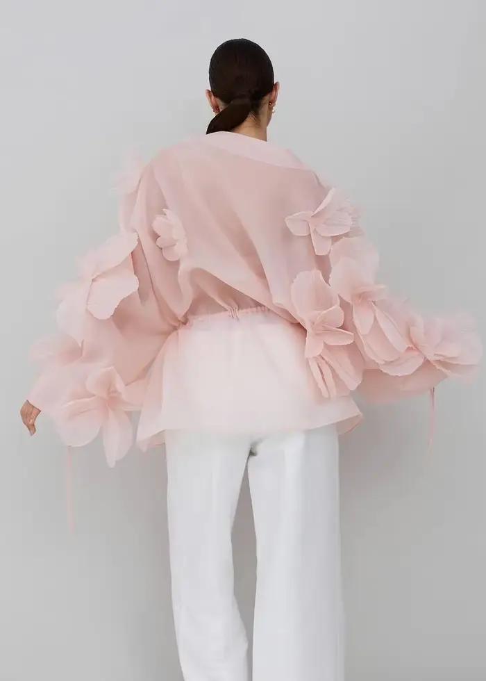 Chic rose longue veste florale drapée femmes Blouse Organza fleurs nouvelle mode chemise manches longues vestes femmes sur mesure