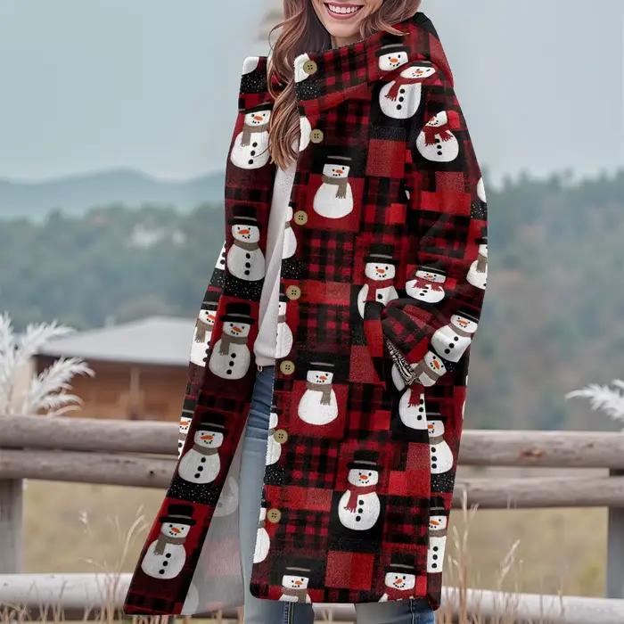 Trench-Coat à Capuche Rouge Festif avec Pomme de Pin et Flocon de Neige Vêtement d'Hiver en Polaire Imprimé Pour Noël Vêtements d'Extérieur Confortables Pour Les Vacances Hommes Chic Modern Casual Wear