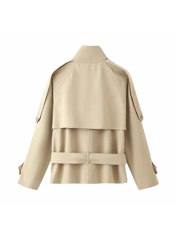 Manteau Trench Chic Vintage Kaki pour Femme Col Montant Double Boutonnage Ceinture et Nœud Vêtement d'Extérieur Tendance Printemps Automne Occasions Spéciales