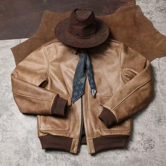 Veste d'hiver en cuir kaki pour hommes