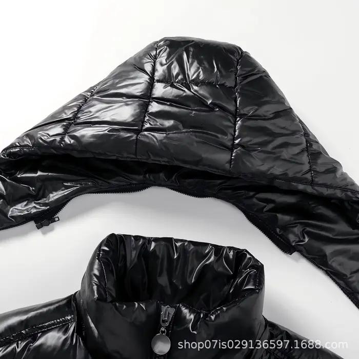 Veste rembourrée noire brillante pour hommes décontractée à capuche col rabattu polyester coton similaire à de la soie pour voyage et style hivernal