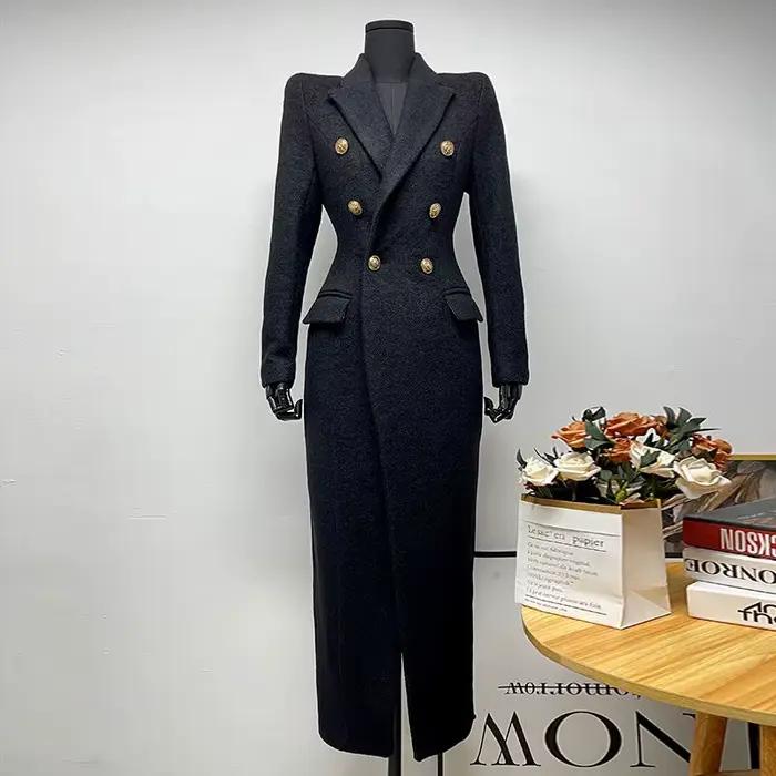 Manteau Long en laine noir pour femme, veste en Tweed, haut de gamme, revers, Double boutonnage, élégant, ajusté, vêtements d'extérieur longs, automne hiver