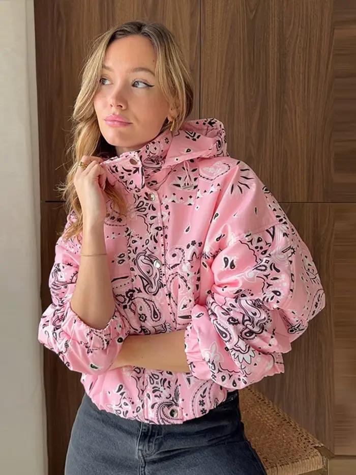 Veste à capuche rose imprimé cachemire pour femme, coupe courte, style streetwear Y2K, coupe-vent décontracté avec poignets élastiques, nouvelle collection printemps, vêtement d'extérieur quotidien
