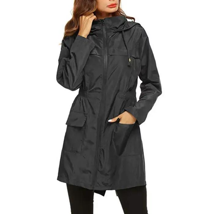 Manteau Imperméable Coupe-Vent Longue Veste à Capuche Femmes Automne Hiver Vêtement de Randonnée En Plein Air Long Haut de Pluie Léger Polyesters Nylon Elasthanne Occasions Spéciales