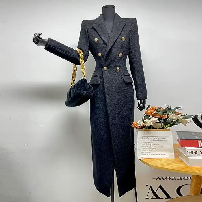Manteau Long en laine noir pour femme, veste en Tweed, haut de gamme, revers, Double boutonnage, élégant, ajusté, vêtements d'extérieur longs, automne hiver