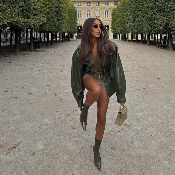 Veste en cuir vert armée pour femmes