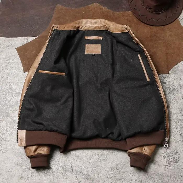 Veste d'hiver en cuir kaki pour hommes