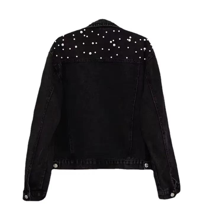 Veste en jean bleu et noir pour femme, manteau en denim, col rabattu, simple boutonnage, perles perlées, ample, décontractée, courte régulière