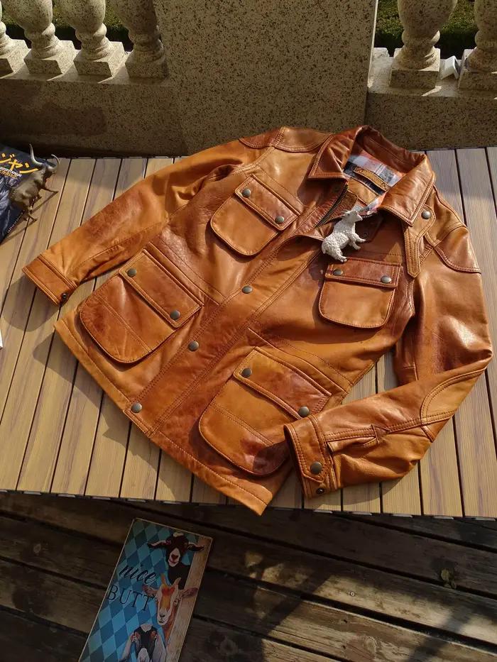 Veste en cuir orange automne pour homme, style safari, grande taille 3XL, en peau de mouton véritable, col montant, rétro vintage, manteau M65