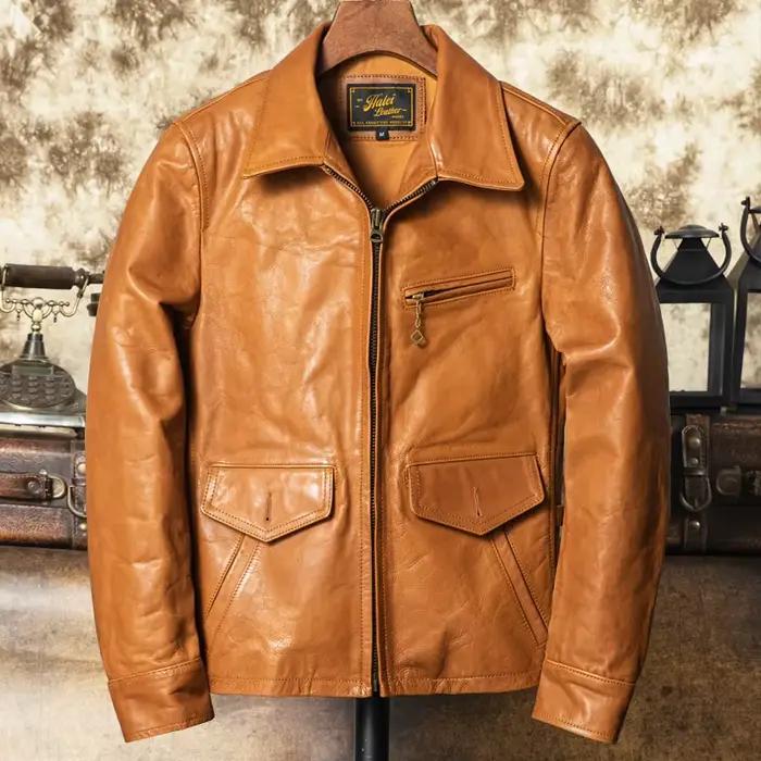 Veste d'automne en cuir Orange pour hommes, Style rétro, grande taille 4XL, véritable cuir de vache naturel, col rabattu, manteau en cuir