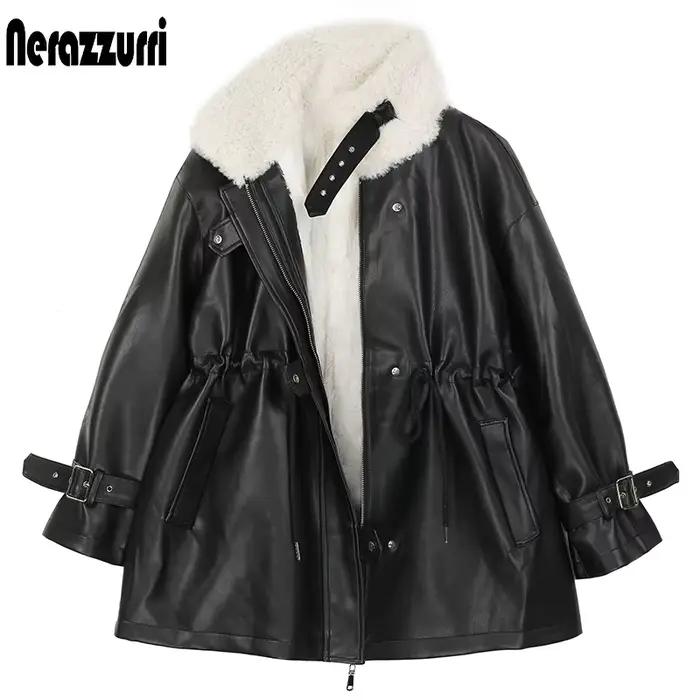 Nerazzurri Optics Blouson en Faux Cuir Noir pour Femme