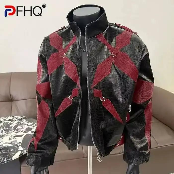 PFHQ hommes veste en cuir PU 2025 fermeture éclair col montant contraste couleur corée mode Darkwear mâle hauts décontracté 21E2807