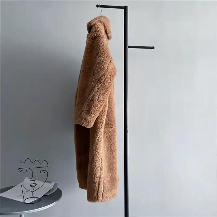 Veste d'hiver femmes manteau Long laine tissé tissu épais vêtements d'extérieur chauds surdimensionné mode Streetwear ours en peluche manteaux